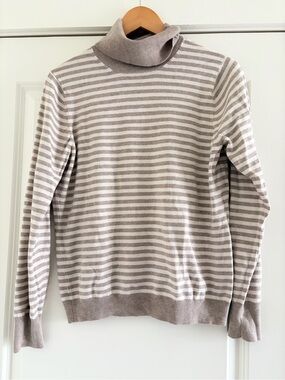 Striped Turtleneck knit top in tan and Cream